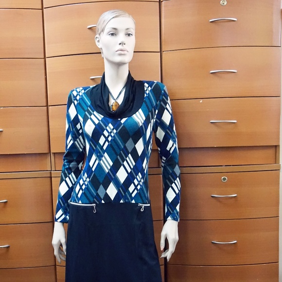 Work Ready Long Sleeve Dress with Cowl Neck and Zip Pockets in Blue Plaid Print - Picture 2 of 9